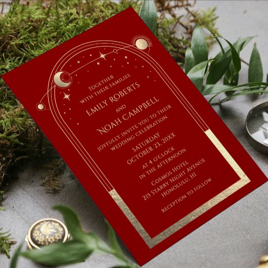 Invitation Mystical Dark Red Gold Sun Moon Astronomy Space