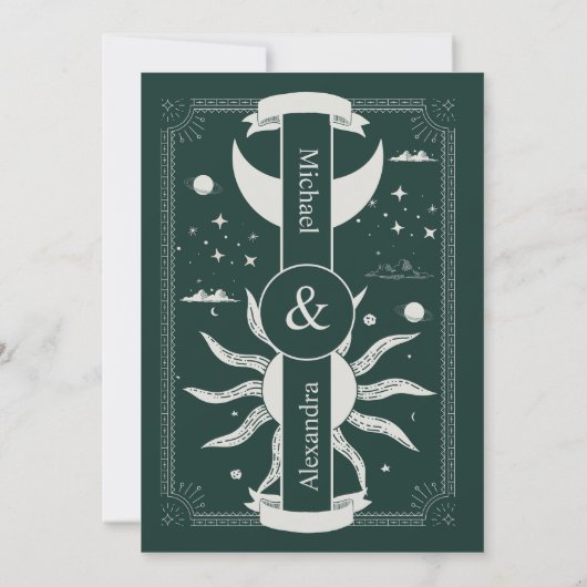 Invitation  Mystical Silver and Green Sun Moon Wedding (Dos)