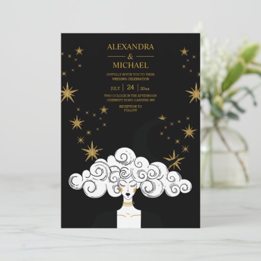 Invitation Mystique Black Gold Celestial Lune Mariage Invita (Debout devant)