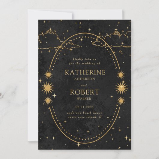 Invitation Mystique céleste de lune d'or étoiles Mariage noir (Devant)