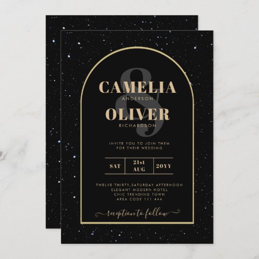 Invitation Mystique OR NOIR Mariage de nuit étoilé (Devant / Derrière)