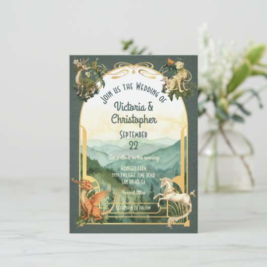 Invitation Mythique Animaux Forêt Créatures Dragon Mariage (Debout devant)