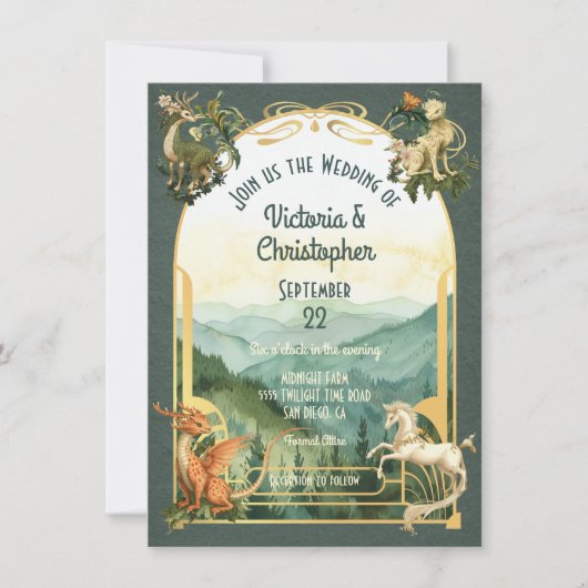 Invitation Mythique Animaux Forêt Créatures Dragon Mariage (Devant)