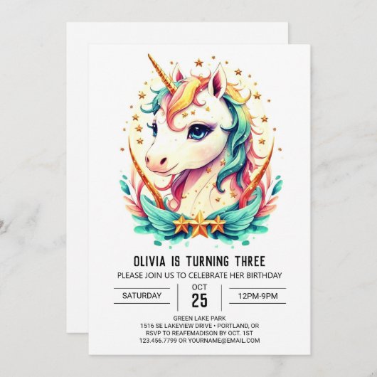Invitation Mythique Graceful Unicorn Anniversaire (Devant / Derrière)
