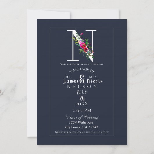 Invitation N Monogramme Dernier initial bleu Floral Mariage (Devant)