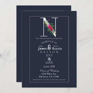 Invitation N Monogramme Dernier initial bleu Floral Mariage