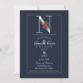 Invitation N Monogramme Initiale Moderne Bleu Floral Mariage (Devant)