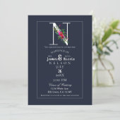 Invitation N Monogramme Initiale Moderne Bleu Floral Mariage (Debout devant)
