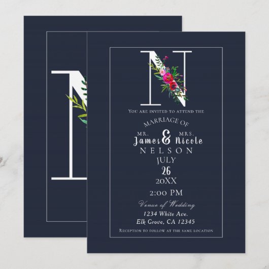 Invitation N Monogramme Initiale Moderne Bleu Floral Mariage (Devant / Derrière)