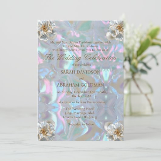 Invitation Nacre Irridescent Élégant Mariage (Debout devant)