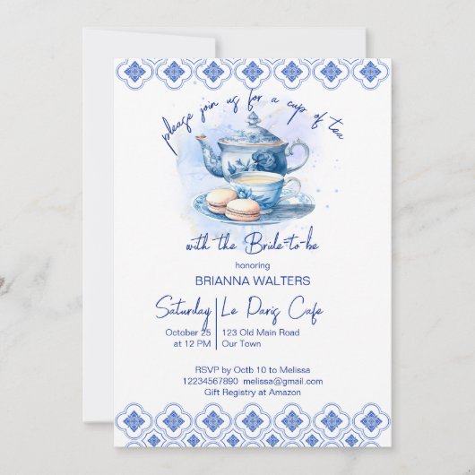 Invitation Nage douche thé fête bleu tuiles thé pot (Devant)