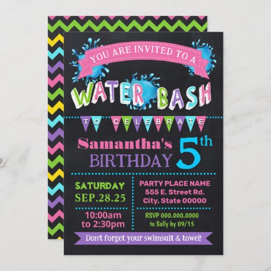 Invitation Naissance d'eau Bash Summer Party Chalkboard rose (Devant / Derrière)