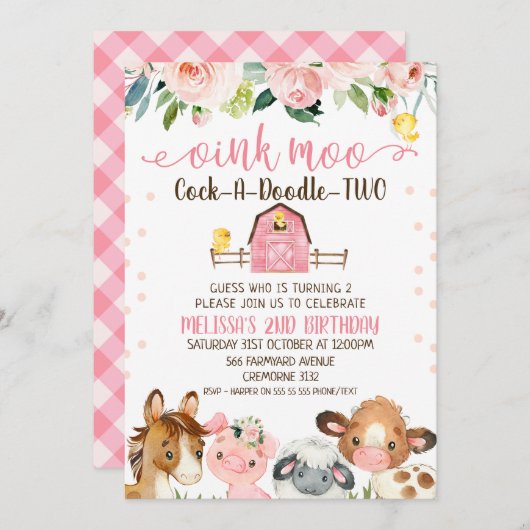 Invitation Naissance d'une grange rose, un caniche, deux anim (Devant / Derrière)