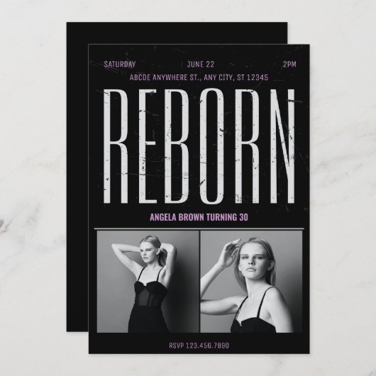Invitation Naissance noire Grunge (Devant / Derrière)