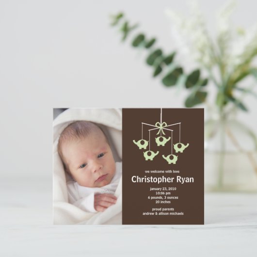 Invitation Naissance verte Annoucement de bébé d'éléphants (Debout devant)