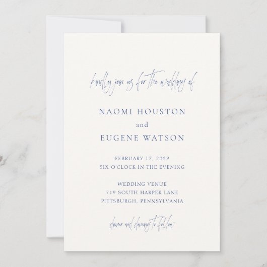Invitation Naomi Denim Typographie Bleue Mariage moderne (Devant)