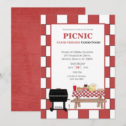 Invitation Nappe rouge Pique-nique BBQ Grill extérieur   (Devant / Derrière)