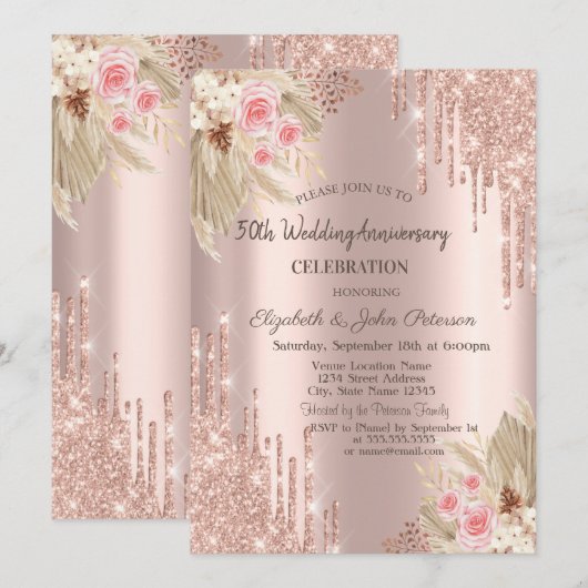 Invitation Nappes de Paillettes, Fleurs Rose Gold Mariage Ann (Devant / Derrière)