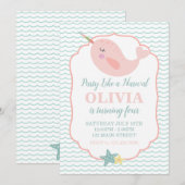 Invitation Narwal rose pastel pour anniversaire (Devant / Derrière)
