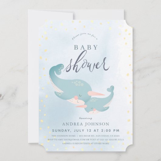 Invitation Narwhal Aquarelle Baby shower Garçon bleu (Devant)