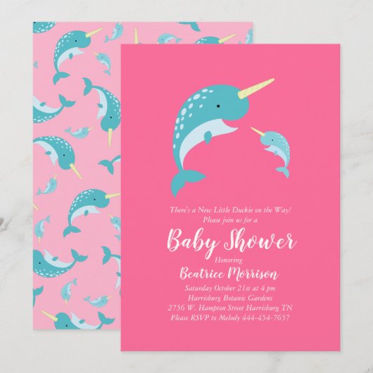Invitation Narwhal Baby shower rose fille baleine (Devant / Derrière)
