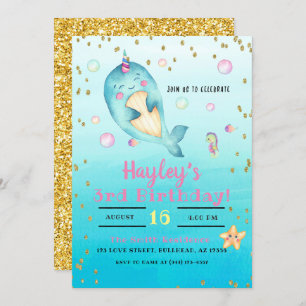 Invitation Narwhal Watercolor Pastel Girls Anniversaire Party