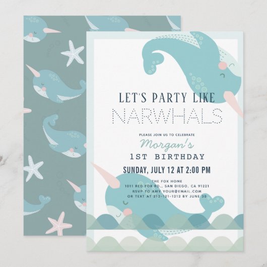 Invitation Narwhal Waves Sea Blue Boy 1er anniversaire Invita (Devant / Derrière)
