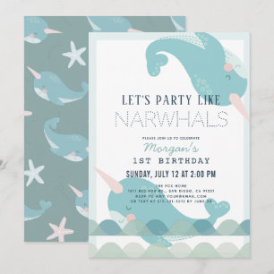 Invitation Narwhal Waves Sea Blue Boy 1er anniversaire Invita