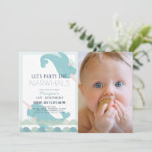 Invitation Narwhal Waves Sea Blue Boy 1er Birthday Photo (Debout devant)