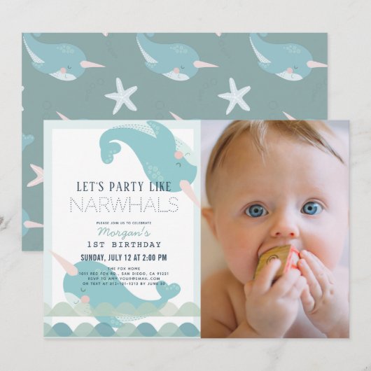 Invitation Narwhal Waves Sea Blue Boy 1er Birthday Photo (Devant / Derrière)