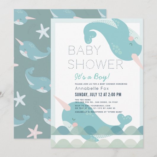 Invitation Narwhal Waves Sea Blue Boy Baby shower (Devant / Derrière)