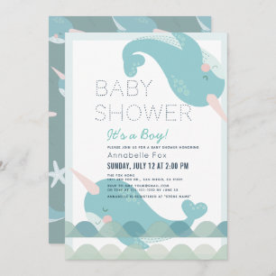 Invitation Narwhal Waves Sea Blue Boy Baby shower