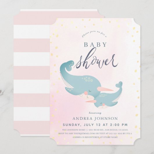 Invitation Narwhals Aquarelle rose Baby shower fille (Devant / Derrière)