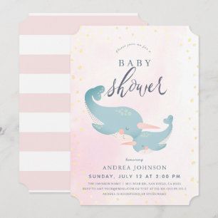Invitation Narwhals Aquarelle rose Baby shower fille