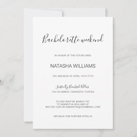 Invitation Nasha Chic Bachelorette Week-end avec Itinéraire (Devant)