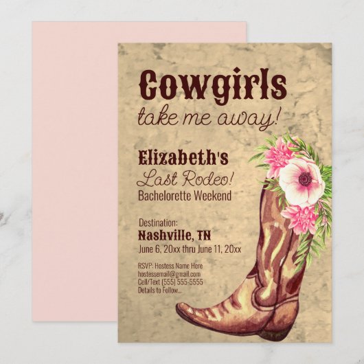 Invitation Nashville Bachelorette Russe Rose Cowgirl (Devant / Derrière)