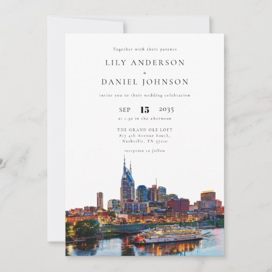 Invitation Nashville Riverfront Watercolor Elegant Wedding (Devant)