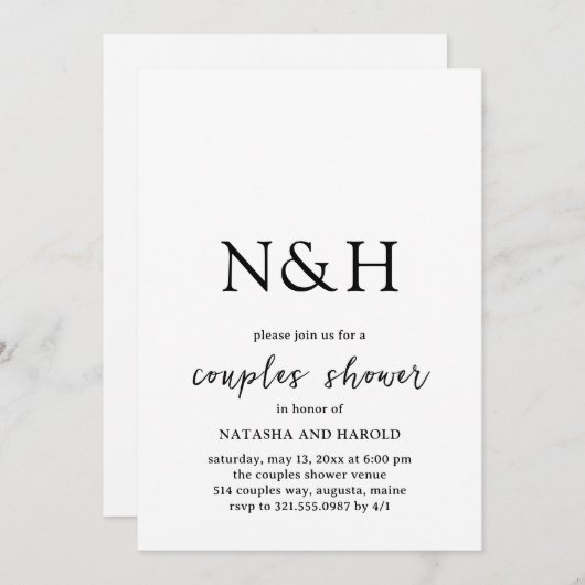 Invitation Natasha Monogram Douche moderne Couples (Devant / Derrière)