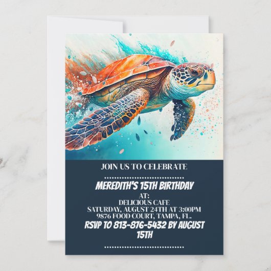 Invitation Natation Tortue de mer Anniversaire Fête Invitatio (Devant)