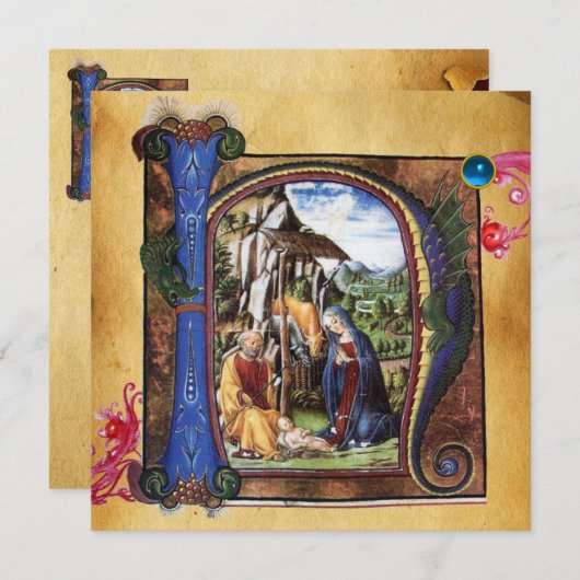 Invitation NATIVITY MONOGRAM CHRISTMAS PARCHMENT Blue Gem (Devant / Derrière)