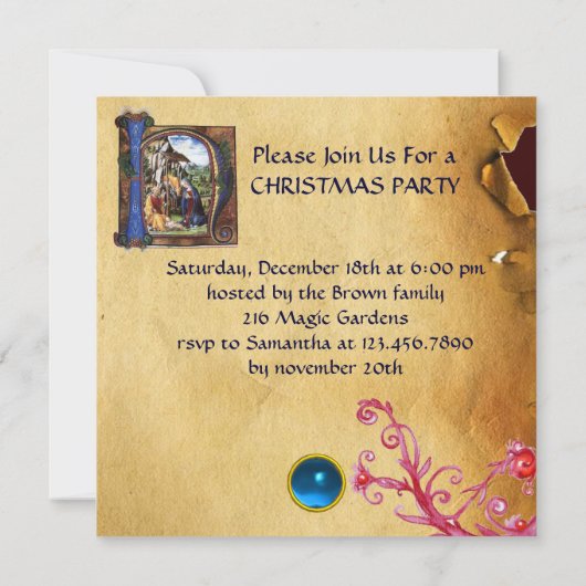 Invitation NATIVITY MONOGRAM CHRISTMAS PARCHMENT Blue Gem (Dos)