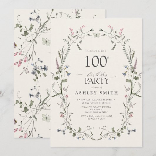 Invitation Nature Floral 100e anniversaire de fête aquarelle (Devant / Derrière)