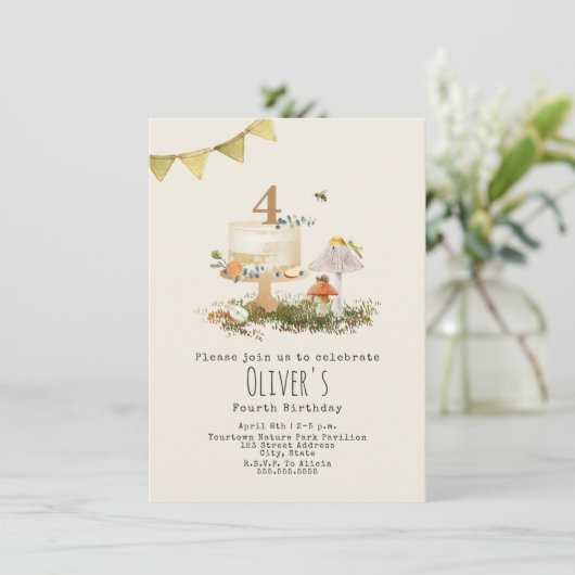 Invitation Nature Forêt Champignons Insectes Gâteau Anniversa (Debout devant)
