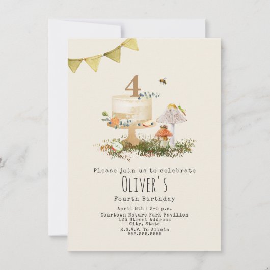Invitation Nature Forêt Champignons Insectes Gâteau Anniversa (Devant)