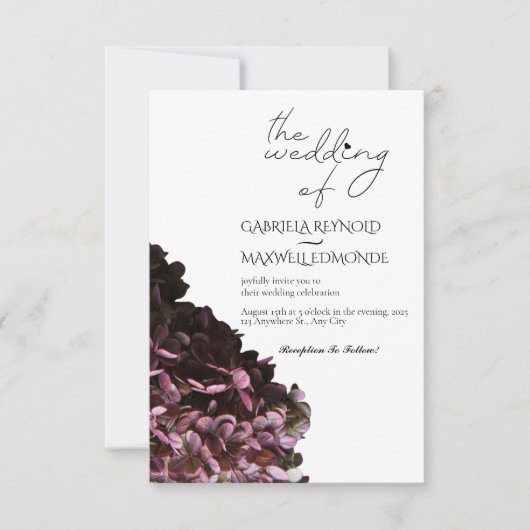 Invitation Nature Noir & Blanc Hydrangea Mariage (Devant)