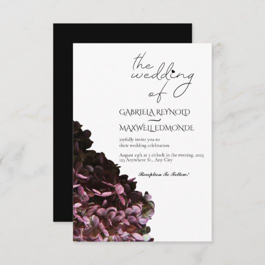 Invitation Nature Noir & Blanc Hydrangea Mariage (Devant / Derrière)