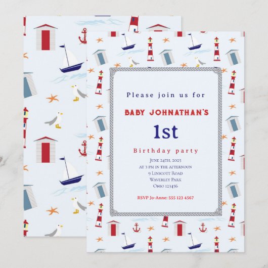 Invitation Nautical 1st Birthday Sailboat Birthday Party (Devant / Derrière)