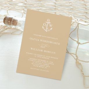Invitation Nautical Anchor Monogram Beige Tan Wedding