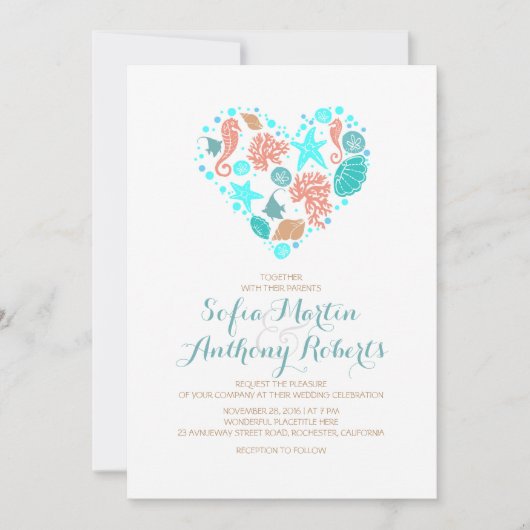 Invitation Nautical Beach Heart - Ocean Treasures Mariage (Devant)