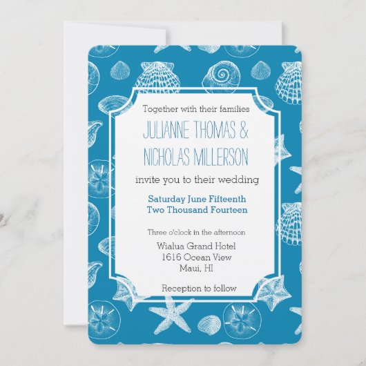 Invitation Nautical Beach Shells Aqua White Mariage (Devant)